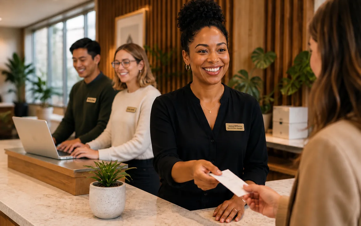 Reception team wearing name badges while helping a customer