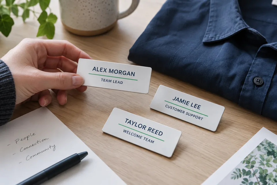Illustrative rectangular name badges with readable sample names on a desk beside a navy shirt.