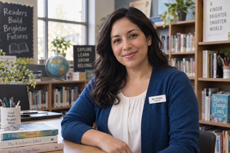 Illustrative teacher wearing a name badge on a blue cardigan in a school library.
