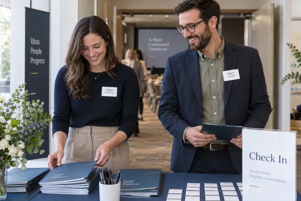 Illustrative conference organizers wearing Event Team and Speaker name badges at registration.