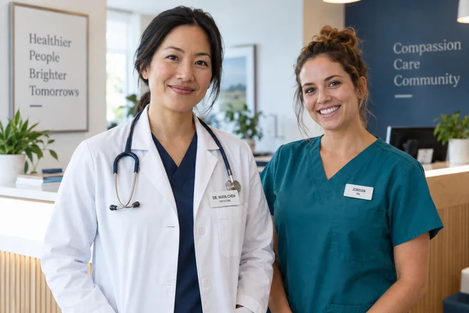 Illustrative doctor in a white coat and nurse in teal scrubs wearing readable name and role badges in a clinic.