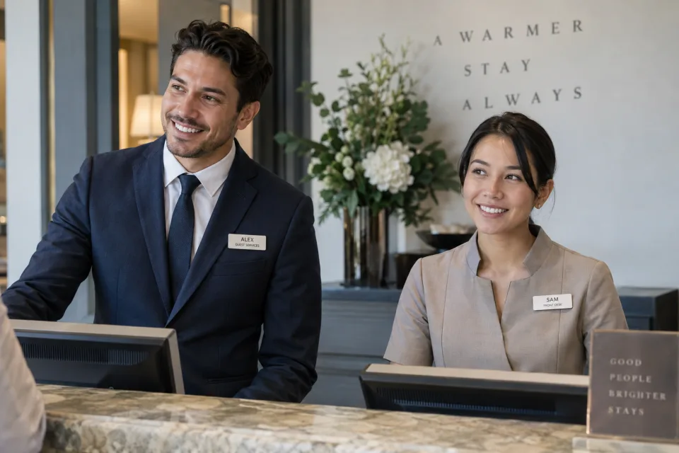 Illustrative hotel reception staff wearing name badges with Guest Services and Front Desk roles.